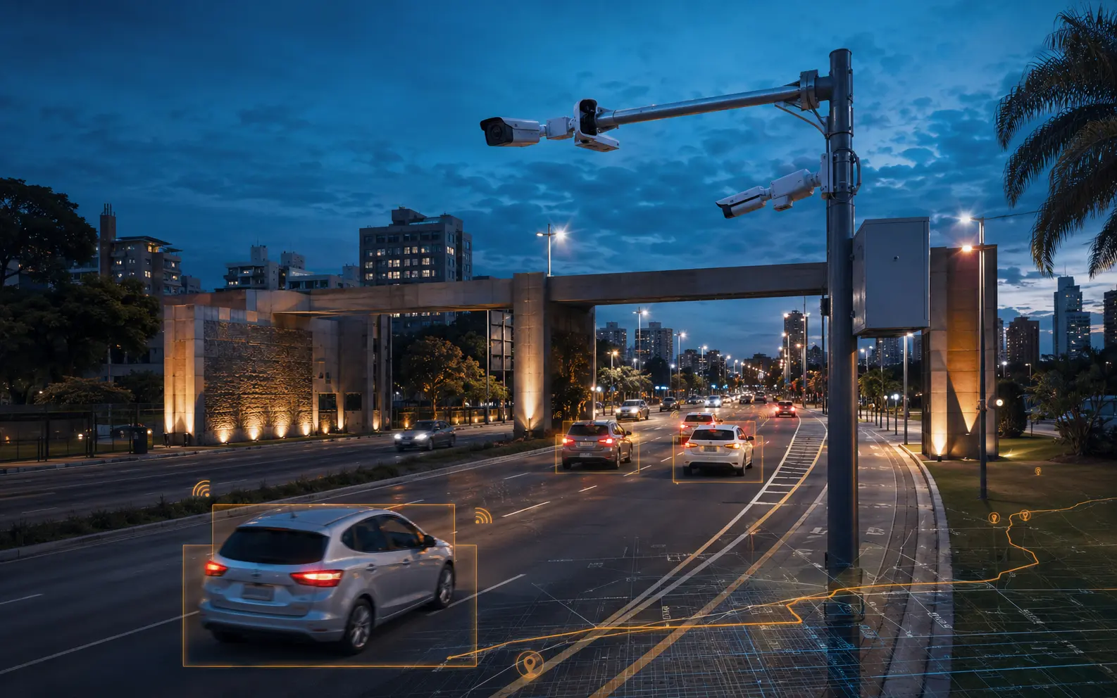 Câmeras LPR realizando leitura de placas em via urbana